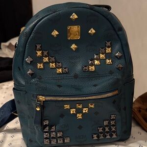 MCM Dark Teal Backpack with Gold and Black Studs